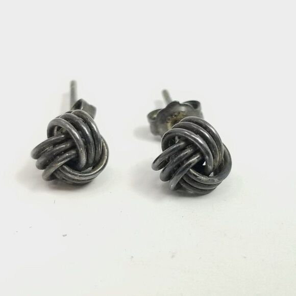 Vintage Sterling Silver Knot Stud Earrings, Tarnished, Classic Unisex Design - Picture 7 of 7